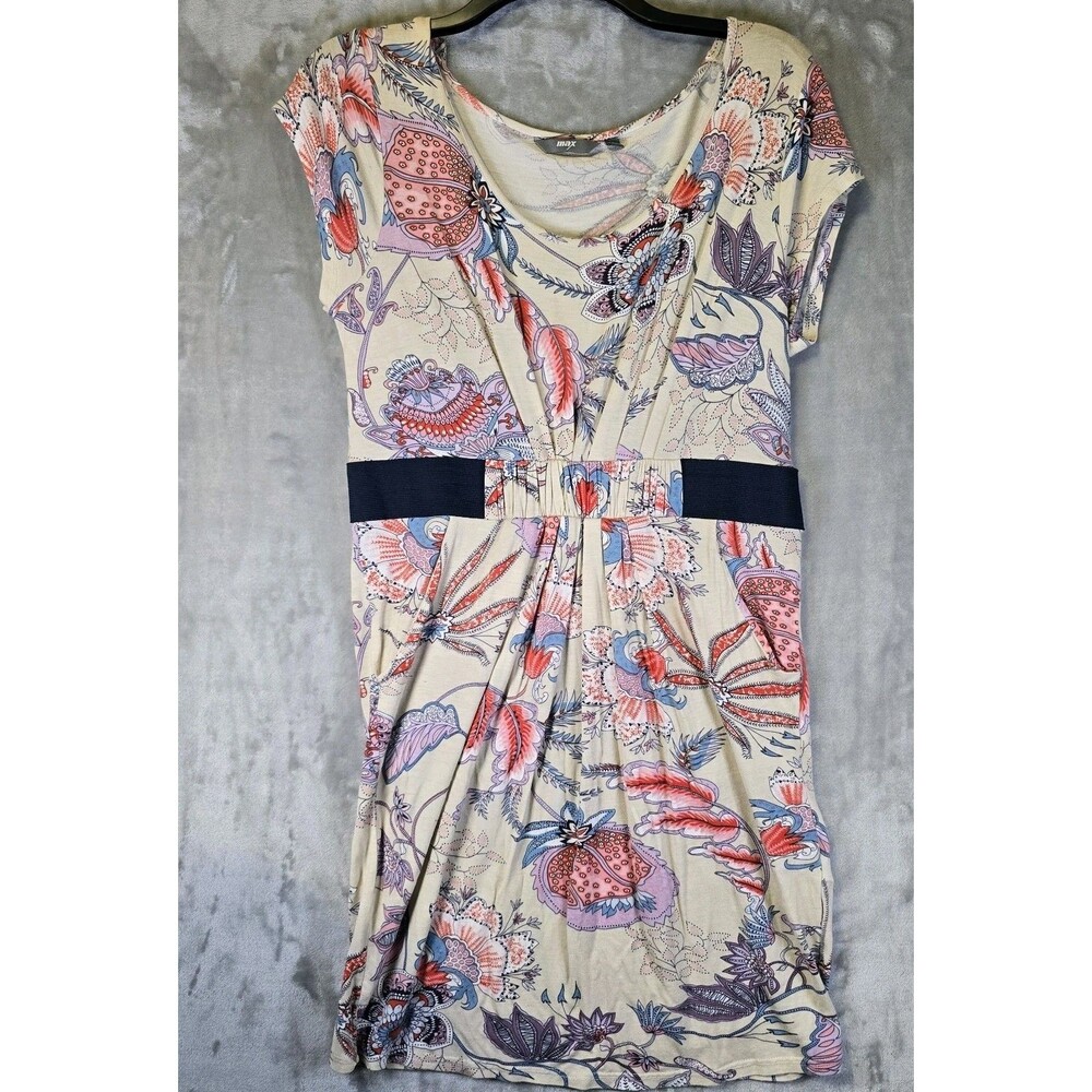 Max Womens Mini Dress 16 Cream Paisley Floral Stretch Pockets Cinch Waist